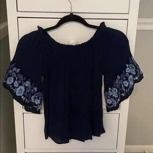 off-the-shoulder with floral, embroidered sleeves